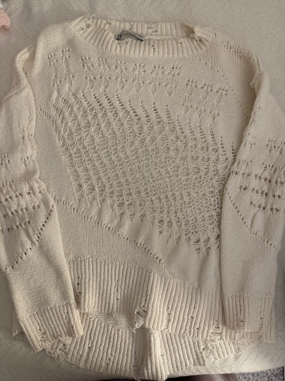 Zara Cream Open-Knit Distressed Crew Sweater